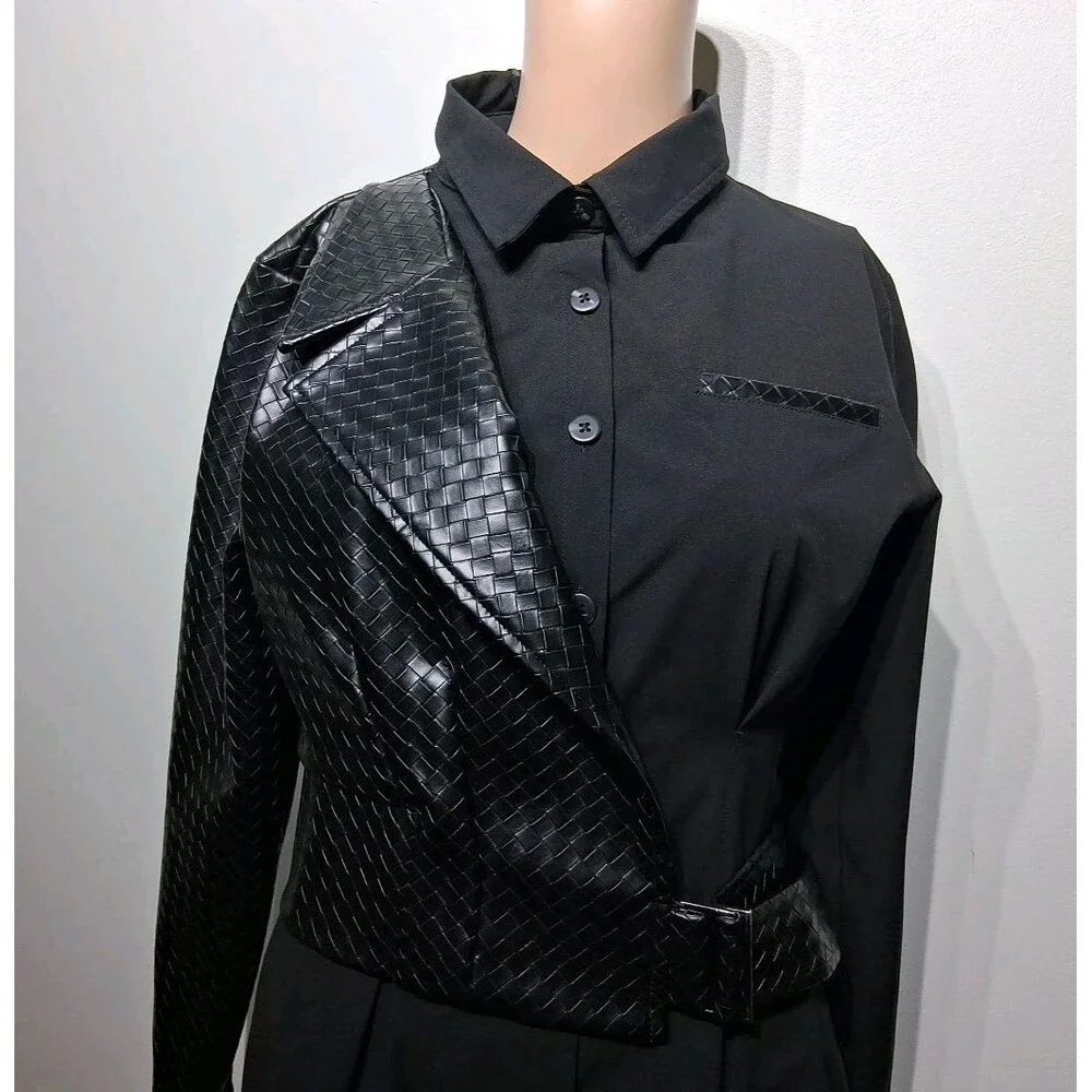 Maniere De Voir Black Woven Vegan Leather Overlay Shirt Dress Size 2 NWT - Picture 3 of 9